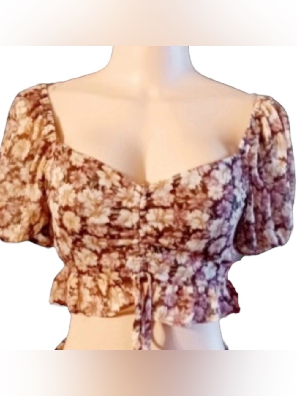 Milkmaid Crop Top Boho Puff Sleeve Romantic Coquette Floral Blashe Size S